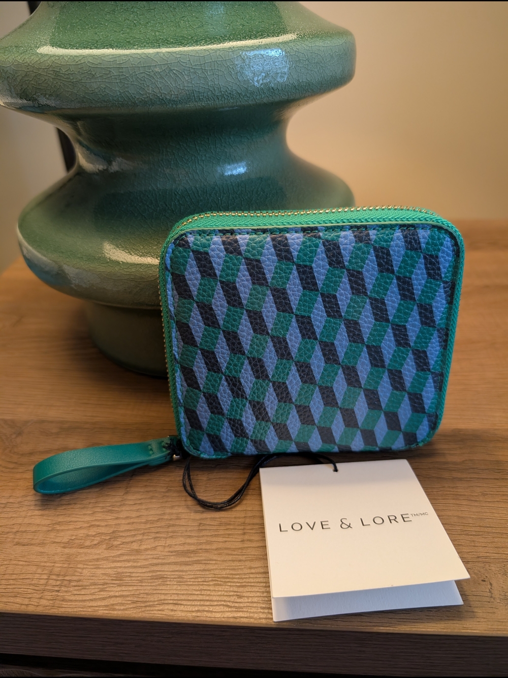 Love & Lore Geometric Zip Wallet in Teal and Black